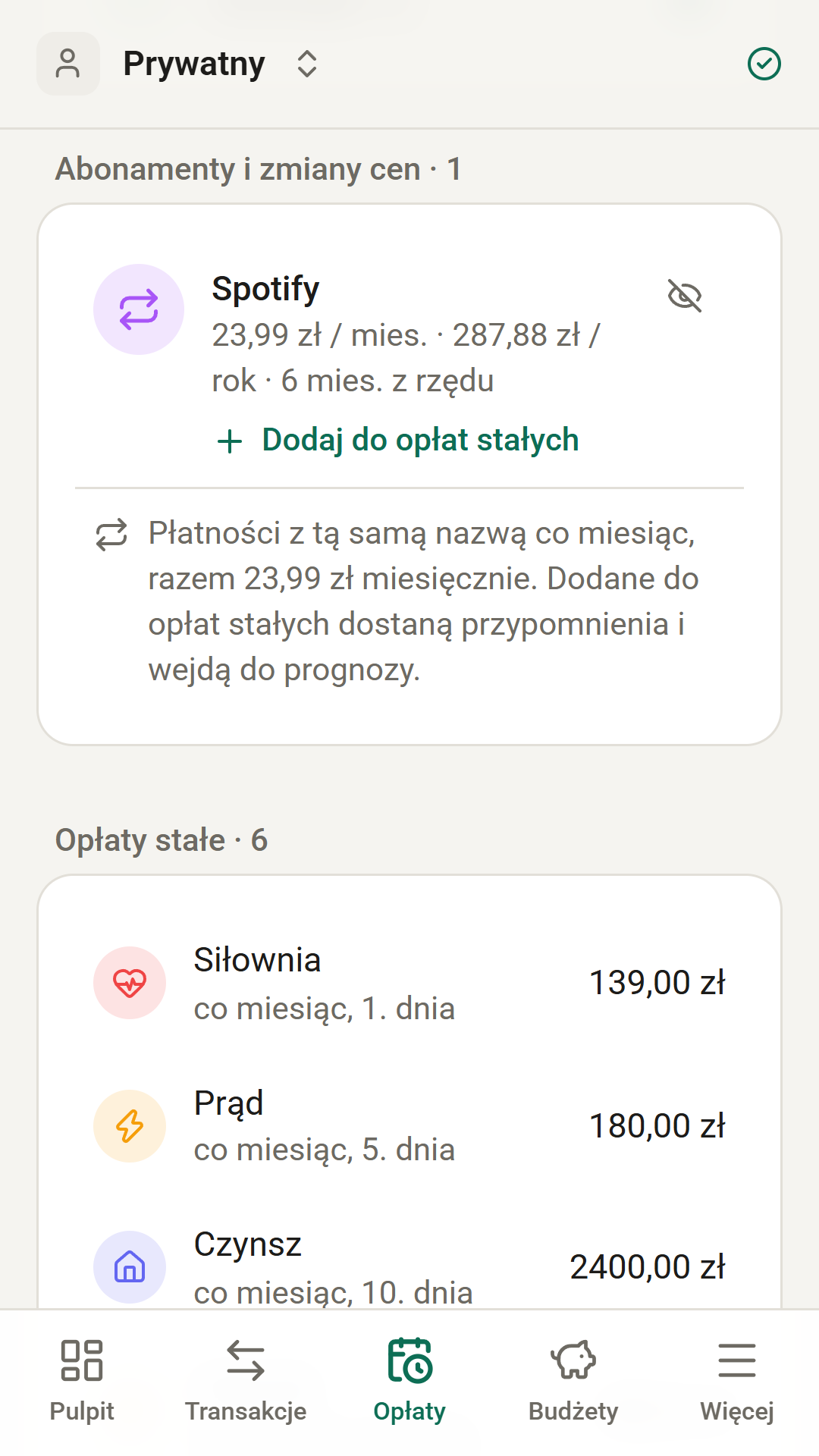Wykryty abonament z kosztem rocznym i przyciskiem dodania do opłat