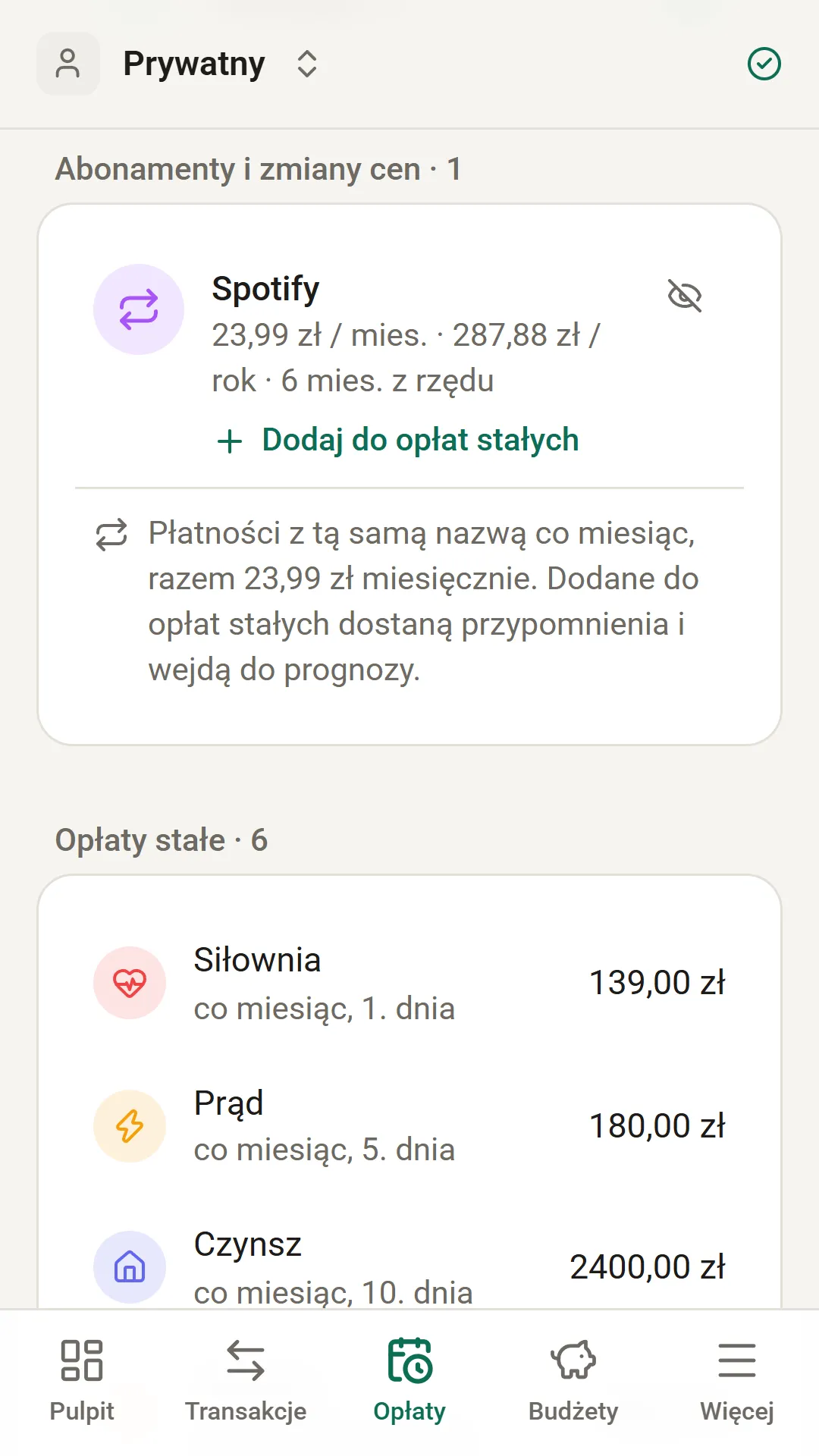 Wykryty abonament z kosztem miesięcznym i rocznym