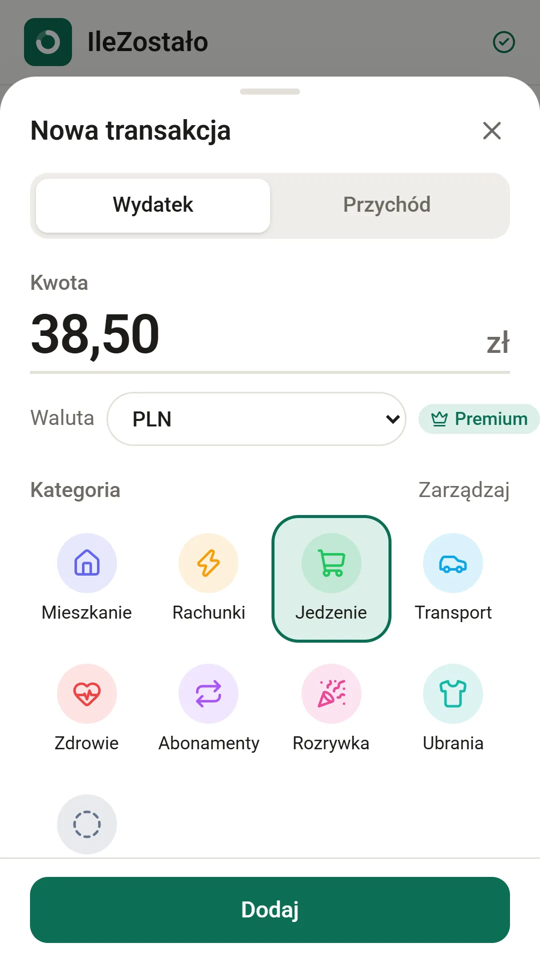 Formularz dodawania wydatku z wyborem kategorii