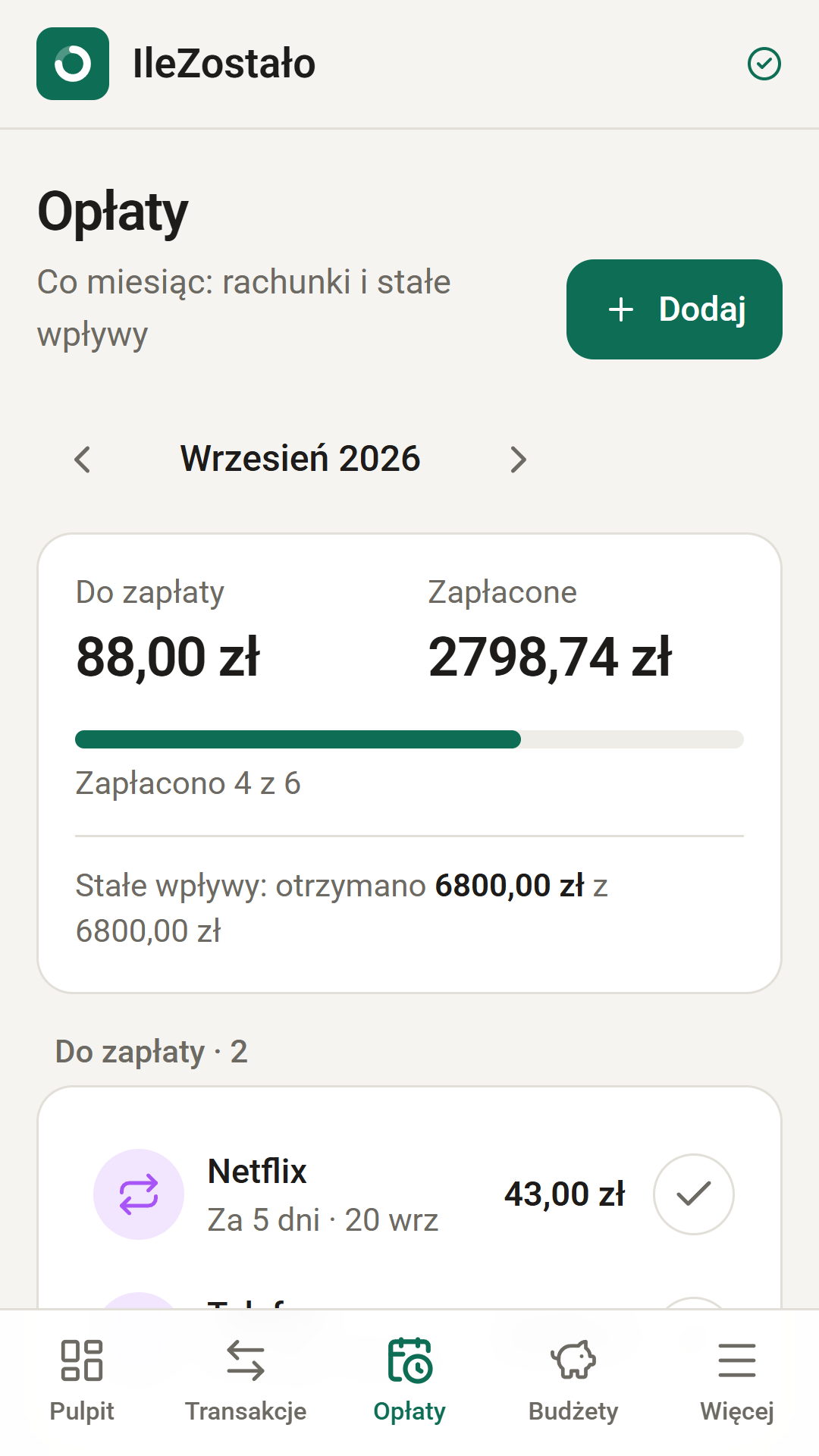 Opłaty stałe podzielone na do zapłaty i zapłacone