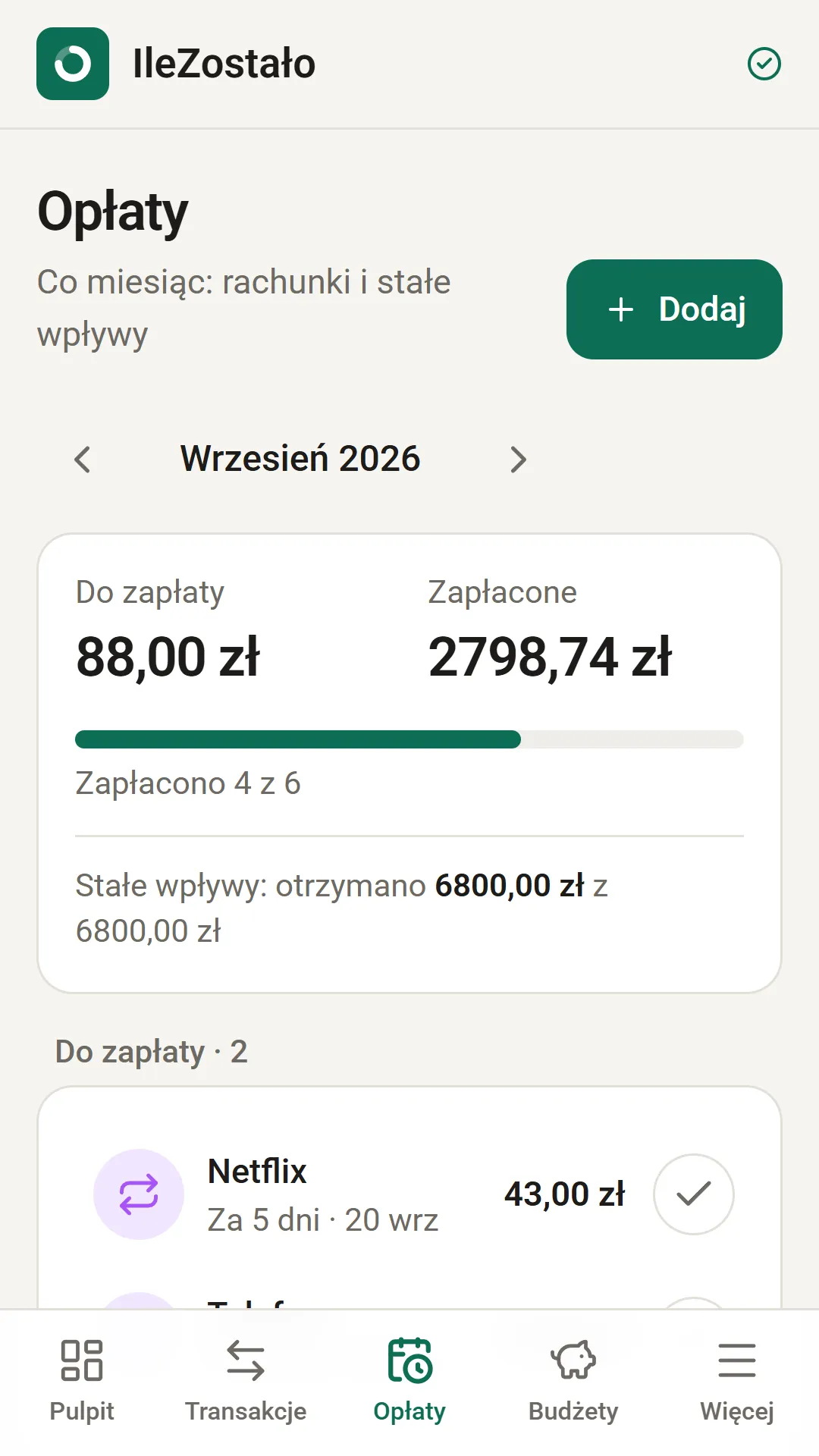 Lista opłat do zapłaty w aplikacji