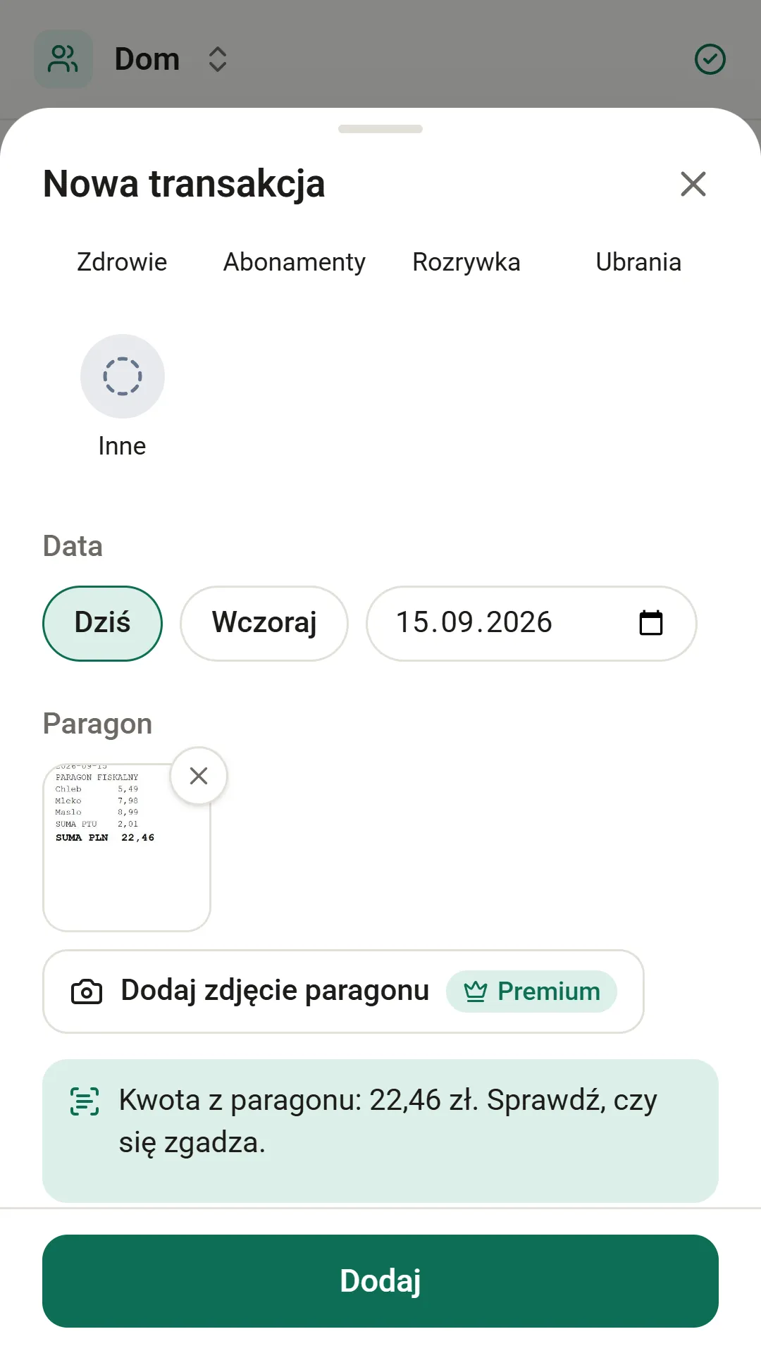 Zdjęcie paragonu przy nowym wydatku z odczytaną kwotą