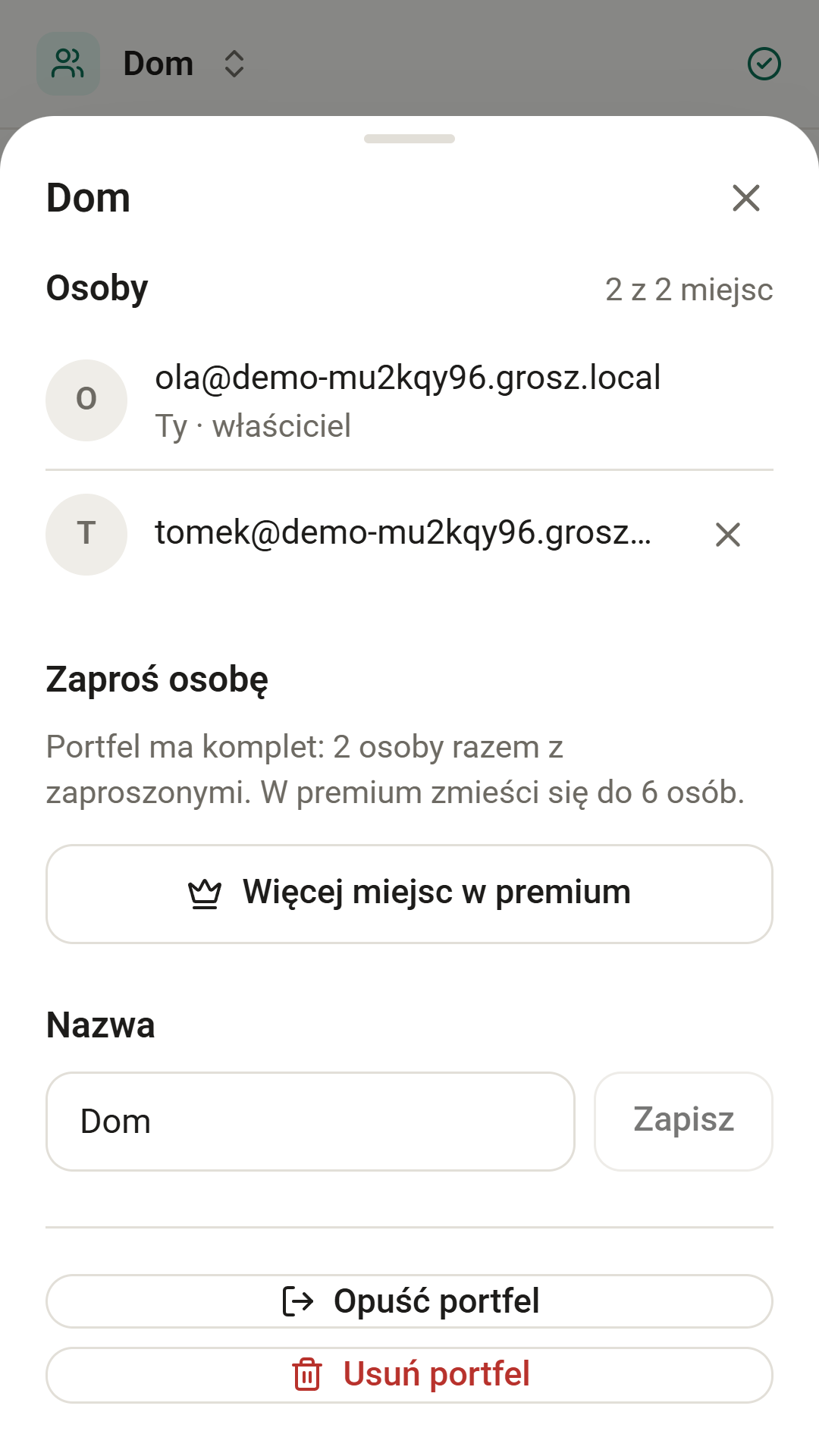 Ustawienia wspólnego portfela: osoby, zaproszenia i miejsca