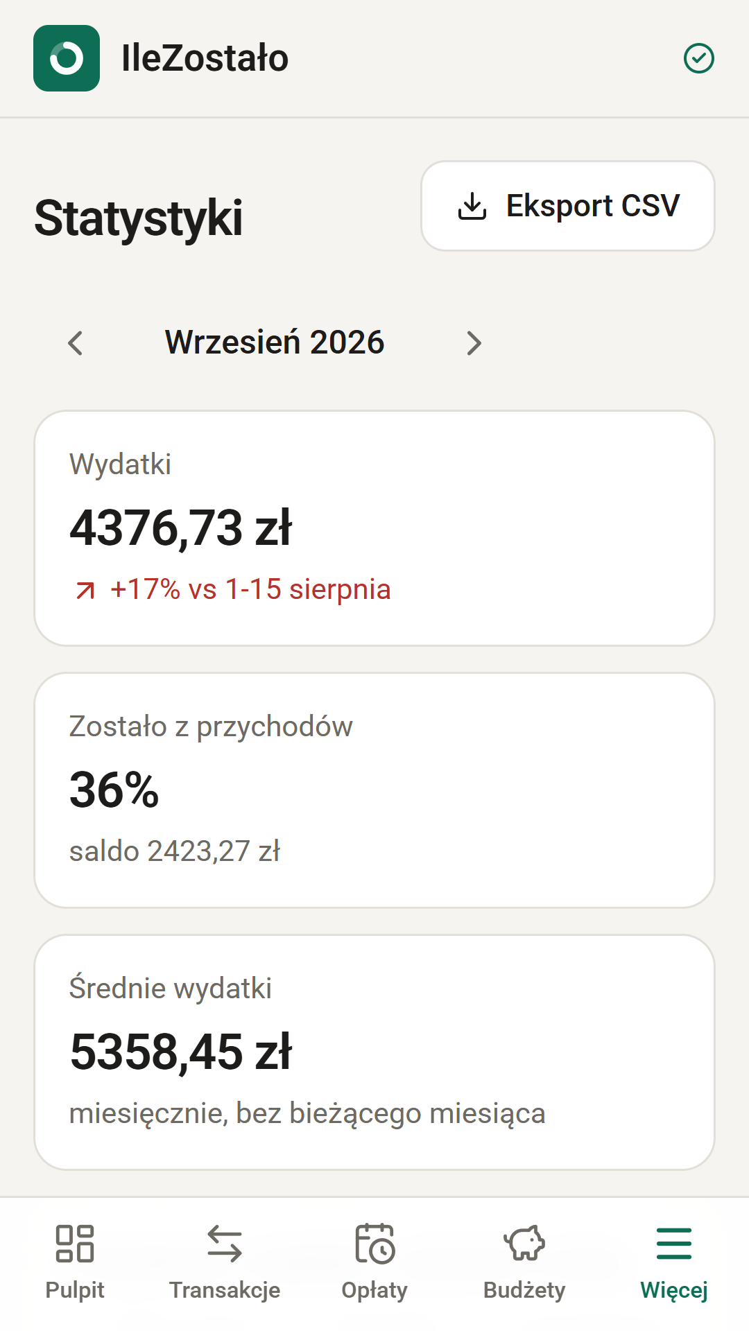 Statystyki: wydatki miesiąca, trend i porównanie kategorii